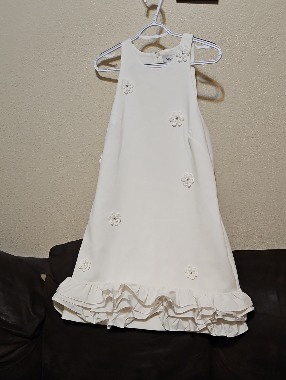 CeCe Ivory Floral Appliqué Ruffle-Trim Midi Dress